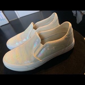 white iridescent slip on vans